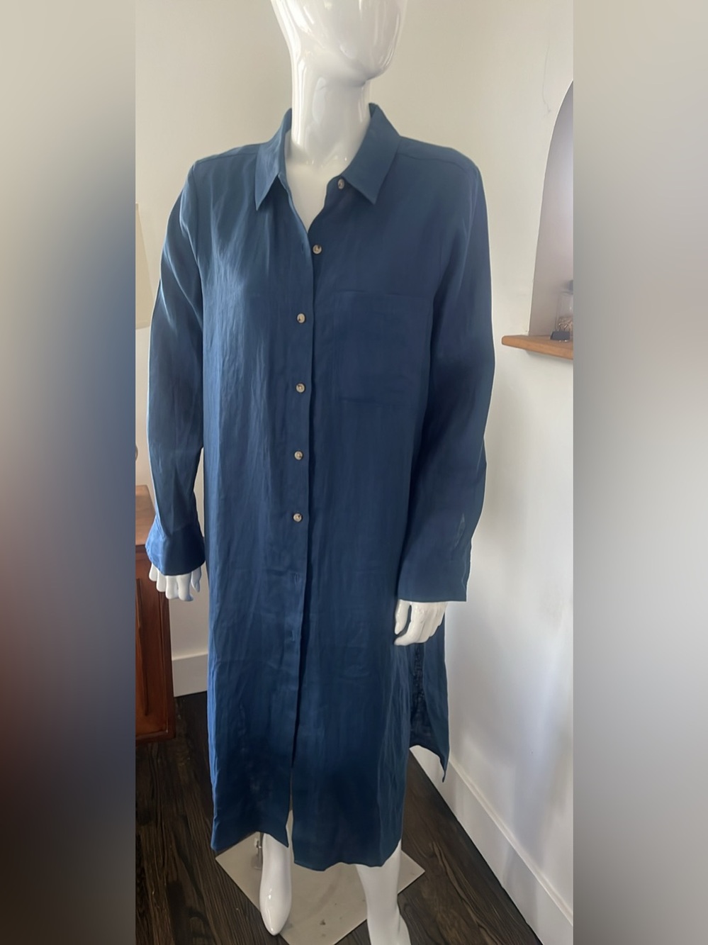 Indigo Blue  Button-Front Women's Linen Shirt Dress